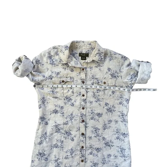 Eddie Bauer Prarie Linen Floral Shirt Dress  Cream & Blue 3/4 Sleeve Large - Picture 8 of 10